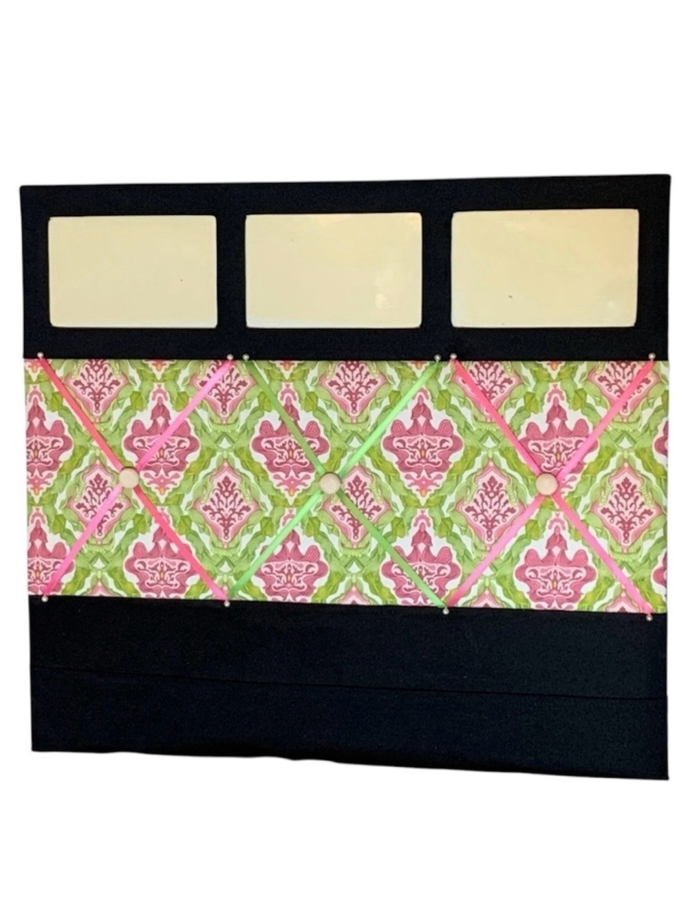 Pink and Green Damask Fabric Memory/Memo Photo Bulletin Board, [18”x20”] Custom